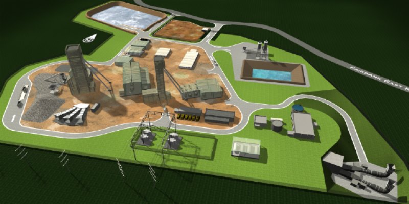 Bird Eye View of Mining Site with Headframes,collar houses,hoist houses, sinking shaft and Galloway
