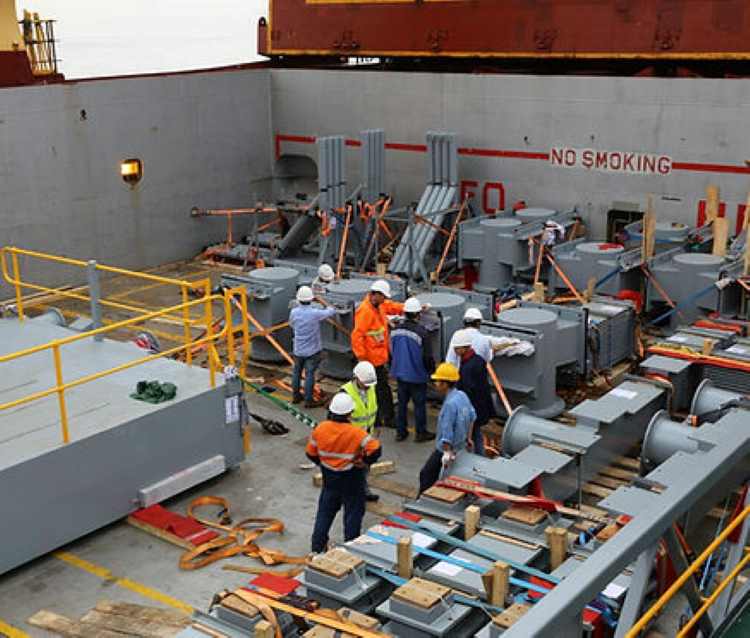 Full set of components labelled and safely secured under board of vessel for shipment