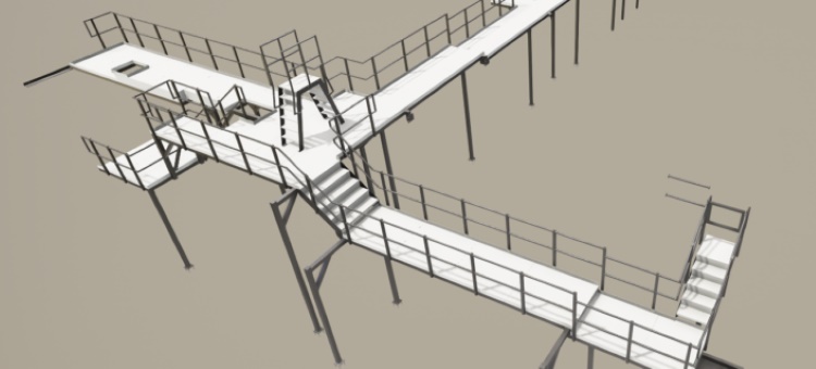 High Level Walkway Stainless Steel Structures: 3D Perspective Rendering Drawing Model